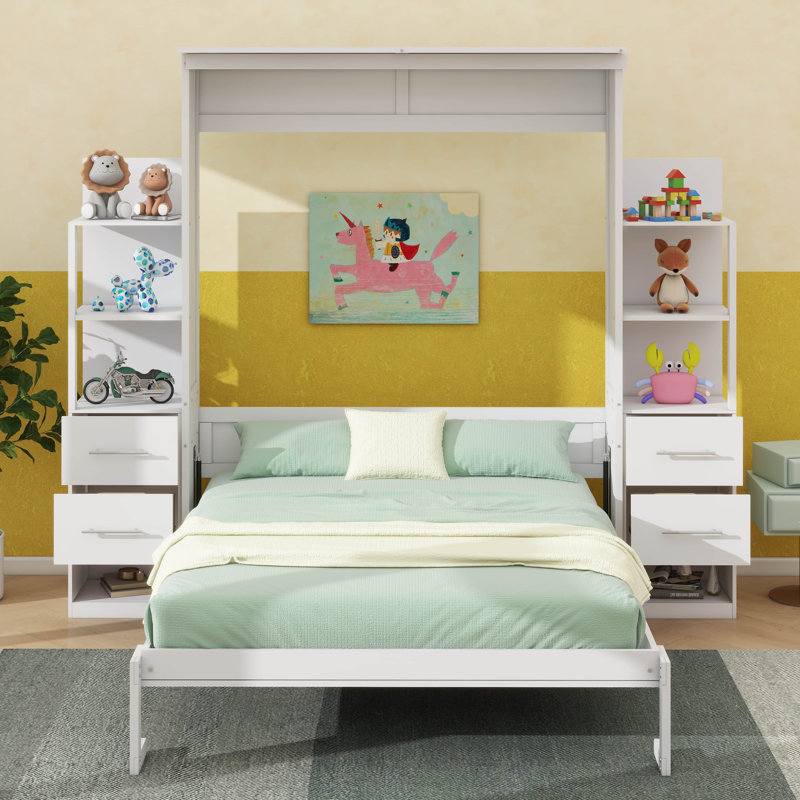 Lit escamotable mural polyvalent avec tablettes, tiroirs et éclairage DEL, White, Grand lit
