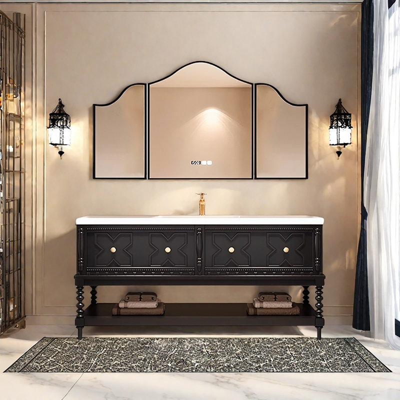 Meuble-lavabo autoportant 59,45 po en bois massif rétro avec miroir intelligent, 59"