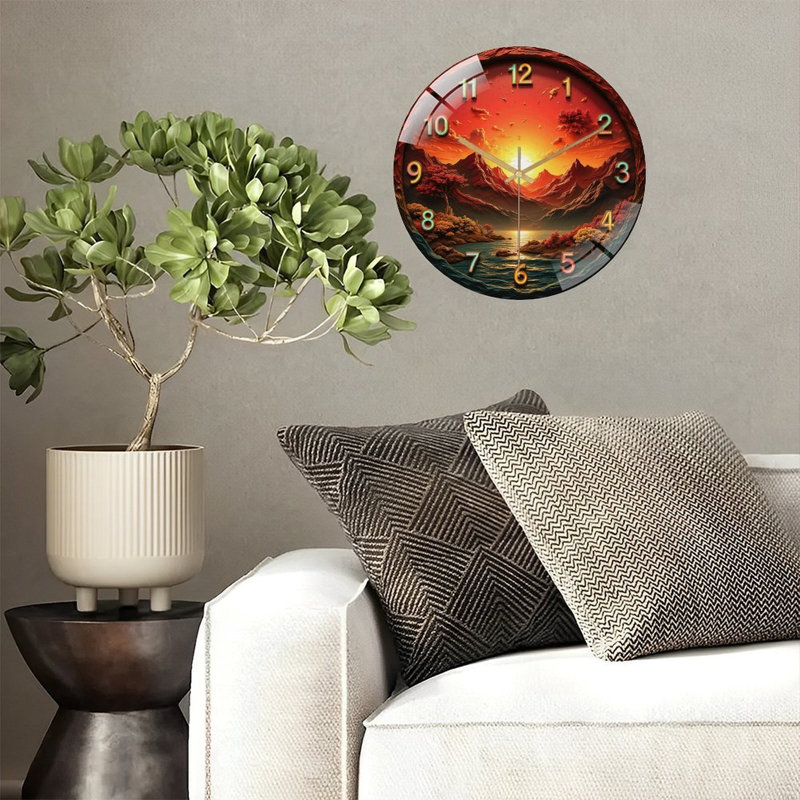 Sunset Mountain Landscape Wall Clock Decor Art - 12'' Modern Glass Wall Clock