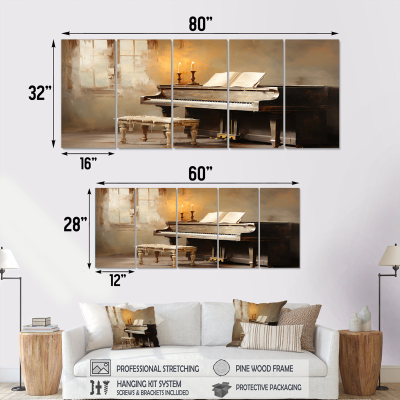 Rustic Brown Piano Melody II - Music Piano, art mural 5 pièces, H 32 po x l 80 po
