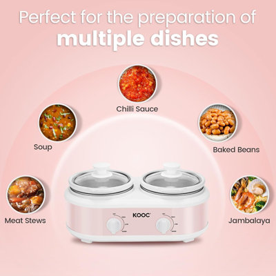 KOOC Double Small Slow Cooker, Buffet Server and Warmer, featuring 2 Mini Pots with 3 Individually Adjustable Temperatures, Dual Ceramic Pots, Free Liners for Easy Cleanup, Stainless Steel, Total Capacity of 2.5 Quarts, Pink, Round Design