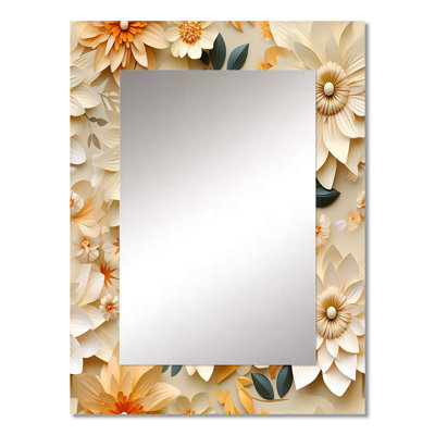 Ardele White And Beige Dahlia Floral Bloom - Floral Large Mirror, Floral Decorative Wall Mirror, Printed Metal Art