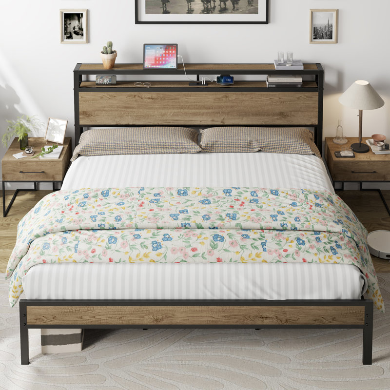 King Size Platform Bed Frame With 2-tier Storage Headboard/ Charging Station,Light Brown, King, Light Brown