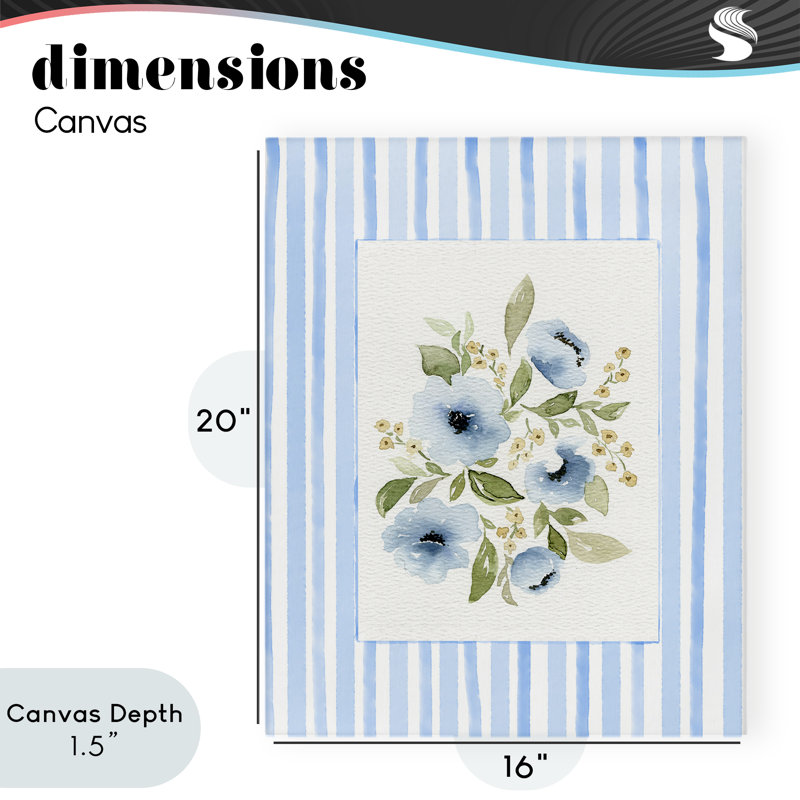 Fleurs avec toile à rayures bleues, design par Leah Noel Art, H 20 po x l 16 po