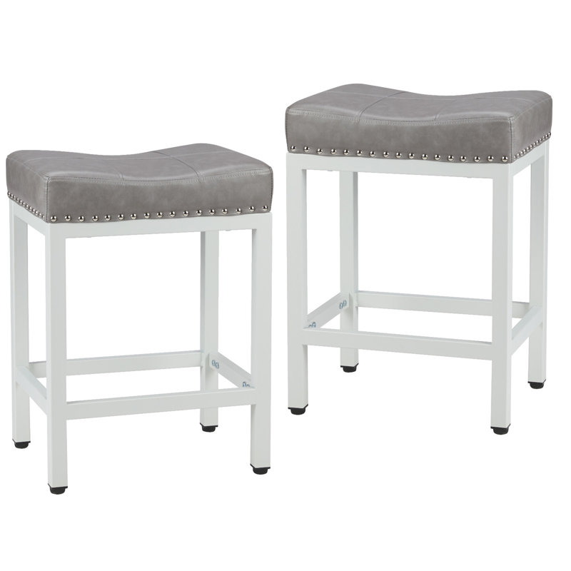 Cathern Upholstered Counter Stool with Metal Frame, Grey, White