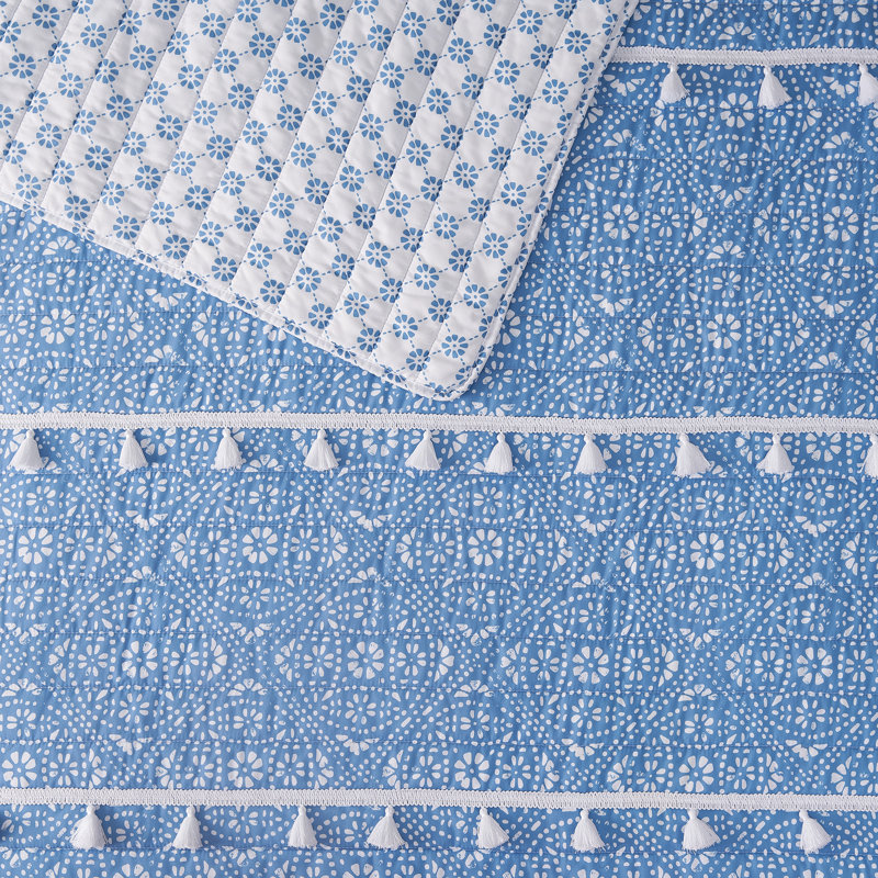  Ensemble de courtepointe toutes saisons en microfibre à motif médaillon avec pompons DESIGN STU DVD Pasadena, Bleu