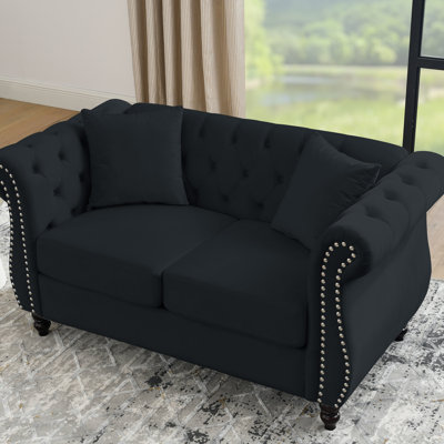 Style 58,8 po en velours noir - 2 places avec accoudoirs roulés, garniture cloutée, construction, coussins pour un salon fiable, conception ergonomique de chambre à coucher, assise confortable