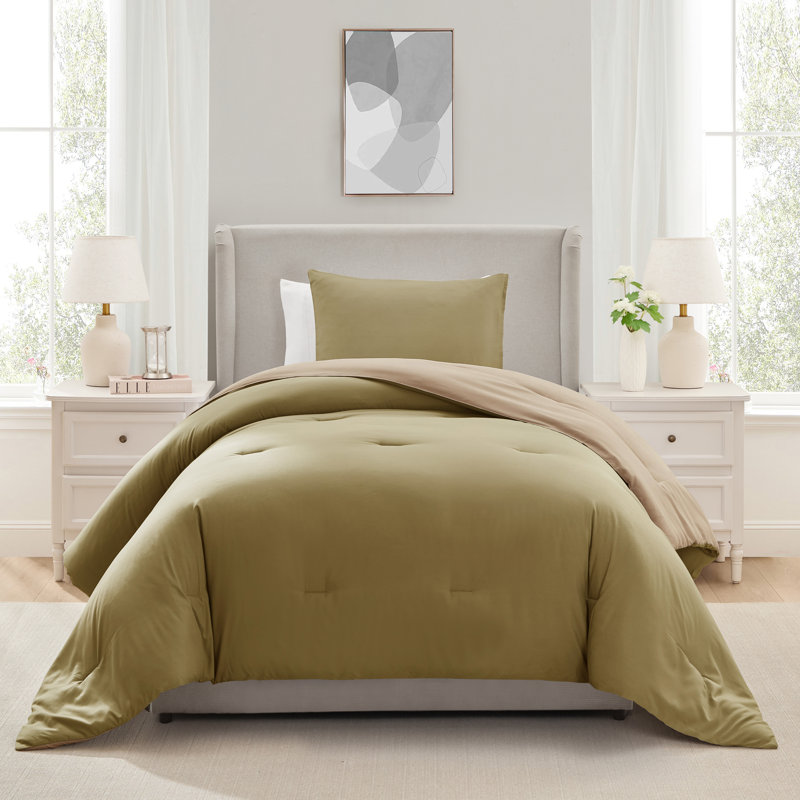 Ensemble d'édredon réversible ultra doux 2 pièces, Kaki / beige, Édredon pour lit simple + 1 taie décorative stan