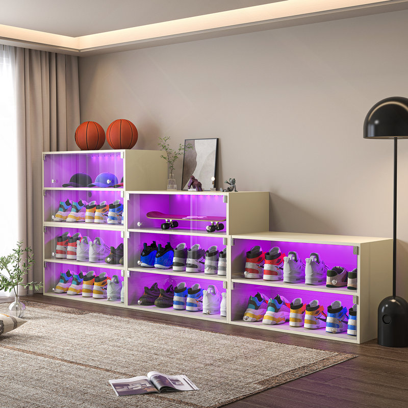 Off White LED Light Shoe Box Three Layers With Glass Doors, Off White