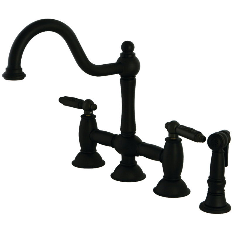Kingston Brass Restoration Two-Handle 4-Hole Deck Mount Bridge Kitchen Faucet with Brass Side Sprayer, Oil Rubbed Bronze
