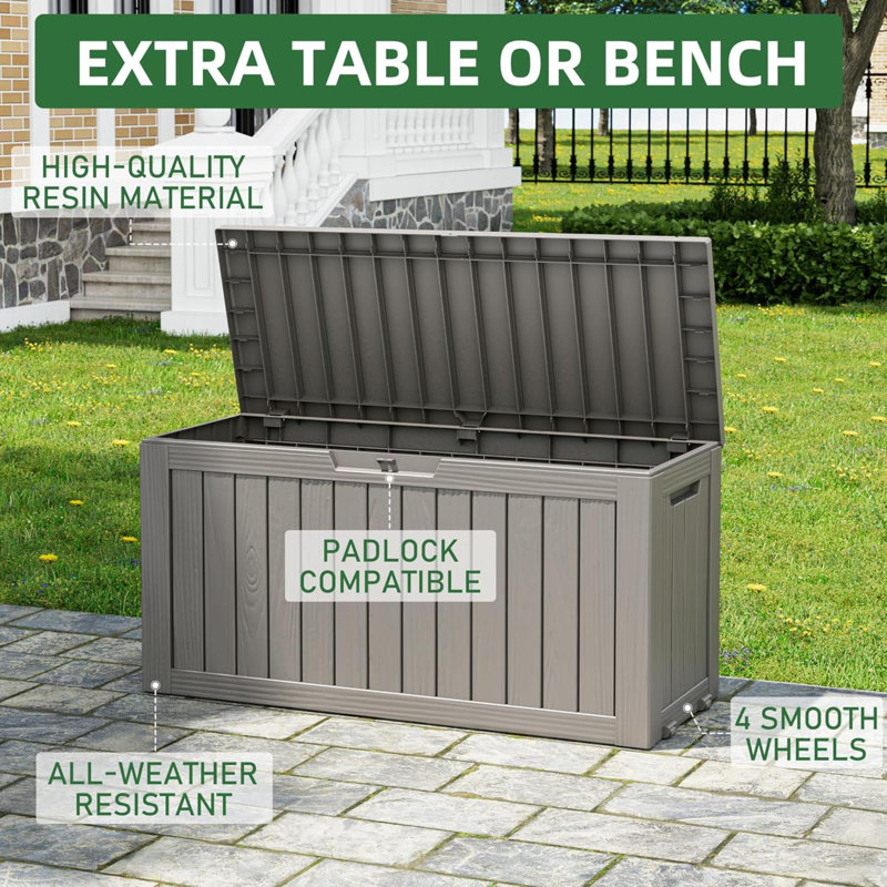 Gallon Outdoor Storage Box,Resin Large Sturdy Deck Box, Backyard Outside Storage Box Waterproof With Double Wall Panels,Garden Box,Package Delivery Box,Outdoor Hose Storage Bin