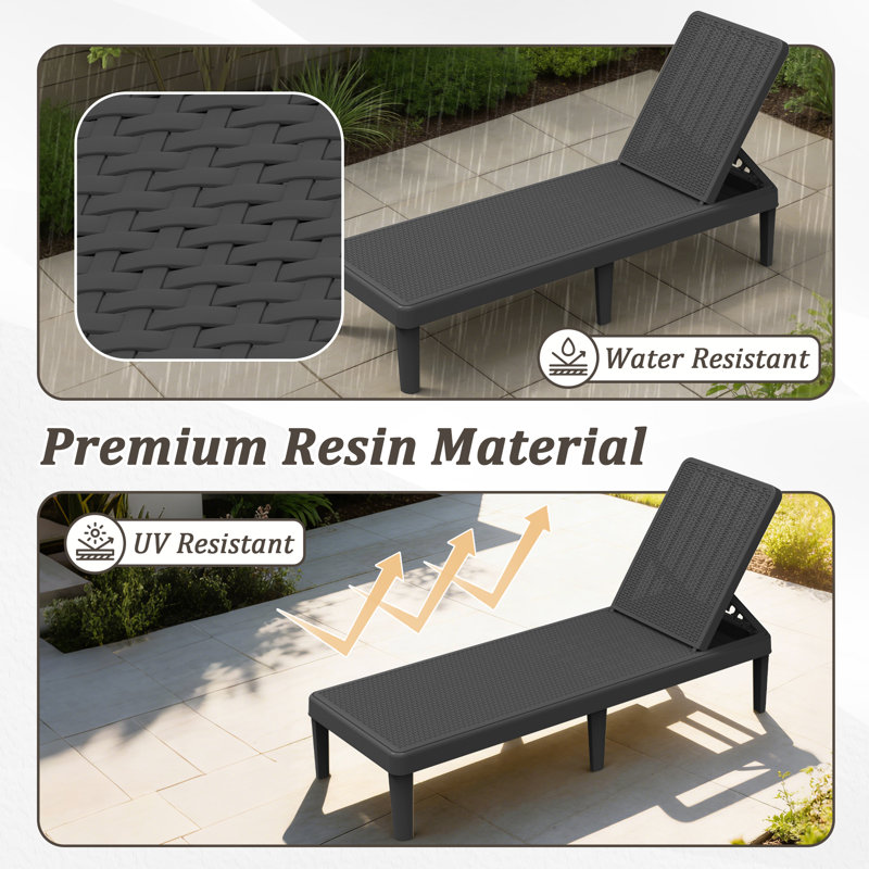 Chaise longue 74 po en résine résistant aux intempéries, ensemble de 2 chaises de patio inclinables réglables à 5 positions