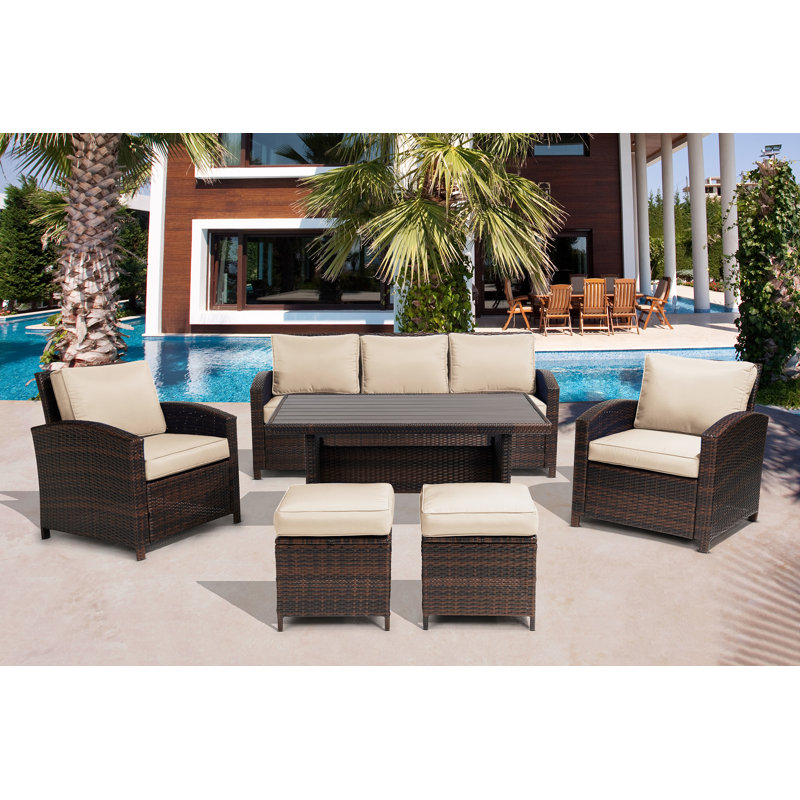 Chaise longue en rotin avec coussins 6 pièces Parkhurst, Beige
