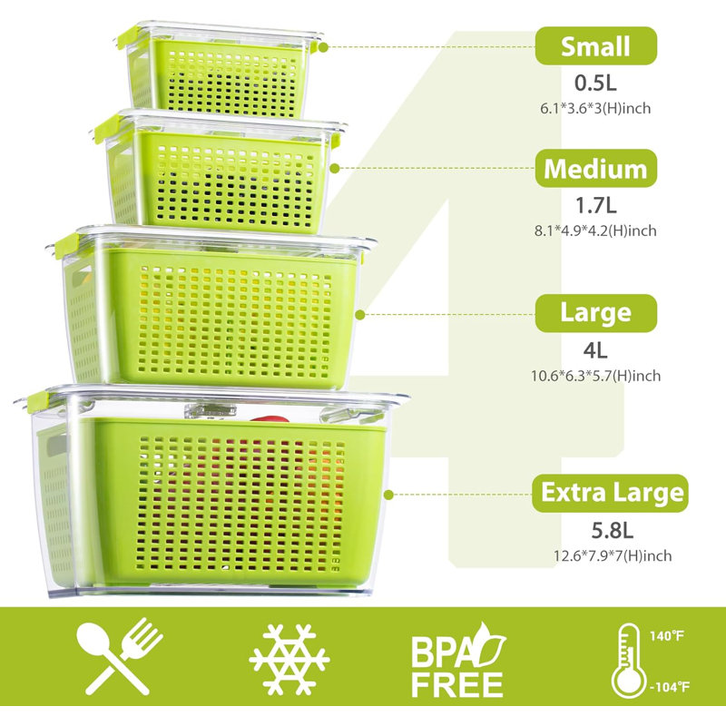 Contenant de rangement pour fruits et légumes, paquet de 4 contenants frais pour réfrigérateur avec couvercles Organisateur de réfrigérateur de produits sans BPA pour le rangement des fruits, légumes, baies et viandes Keep Fresh Longer