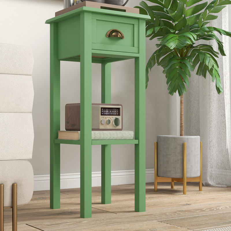 2-Tier Side Table with Drawer Shelf for Living Room, Green