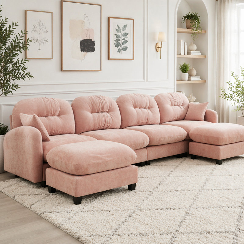 Canapé modulaire Cloud avec accoudoirs en tissu chenille, conception plissée matelassée, conception ergonomique, mousse haute densité, accoudoirs élégants, base en bois de haute qualité
