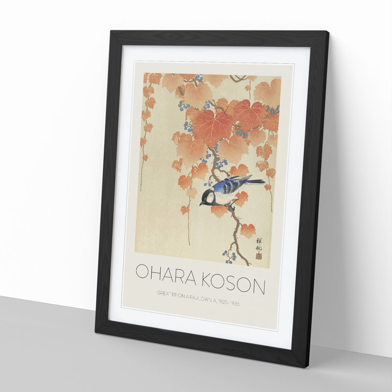 Great Tit On A Paulownia Branch by Ohara Koson - Single Picture Frame Print, 65cm H x 48cm W x 2cm D, Black Framed