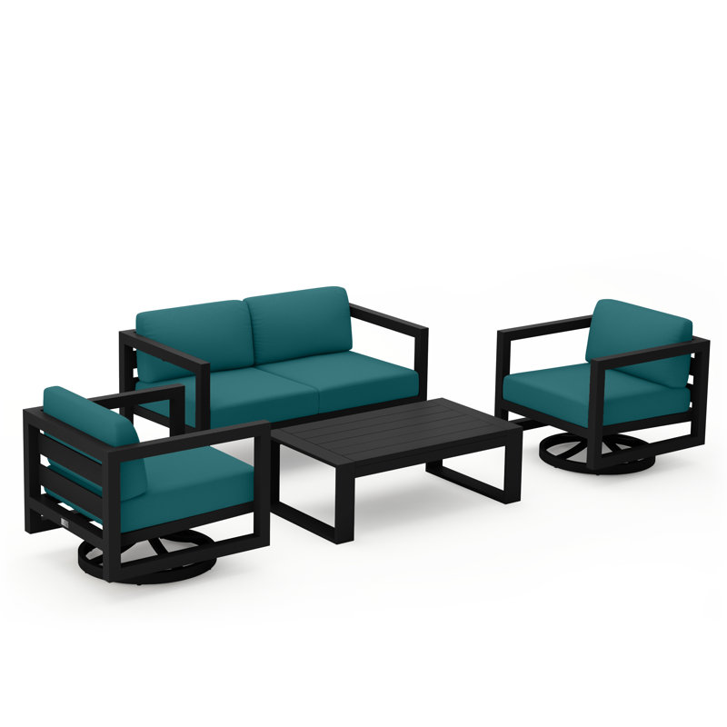 Avion 4 Piece Loveseat Set With Swivel, Spectrum Indigo Sunbrella®, Black