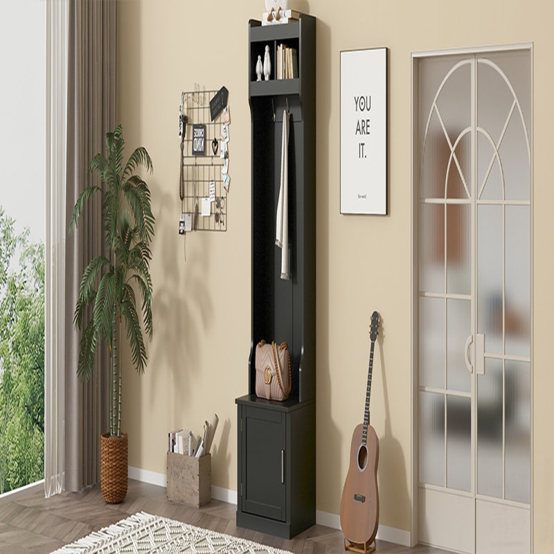 Arbre d'entrée minimaliste avec armoire et 6 crochets, banc de rangement multifonctionnel pour vestibule et salon, conception élégante et peu encombrante