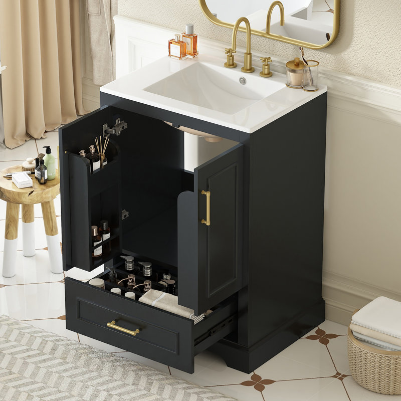 Meuble-lavabo 24 po avec lavabo, armoire en panneau de fibres à densité moyenne avec cadre en bois massif, 1 tiroir divisé et 2 portes à fermeture douce avec supports de rangement à deux portes, meuble-lavabo autoportant