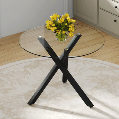 Table de salle à manger ronde en verre: 39 po de diamètre, 30 po de hauteur, structure en métal en forme de X, parfaite pour la salle à manger, la cuisine et les petits espaces, élégante et fonctionnelle.