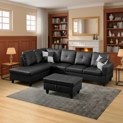 Black Faux Leather 3-piece Sofa Living Room Sofa Set