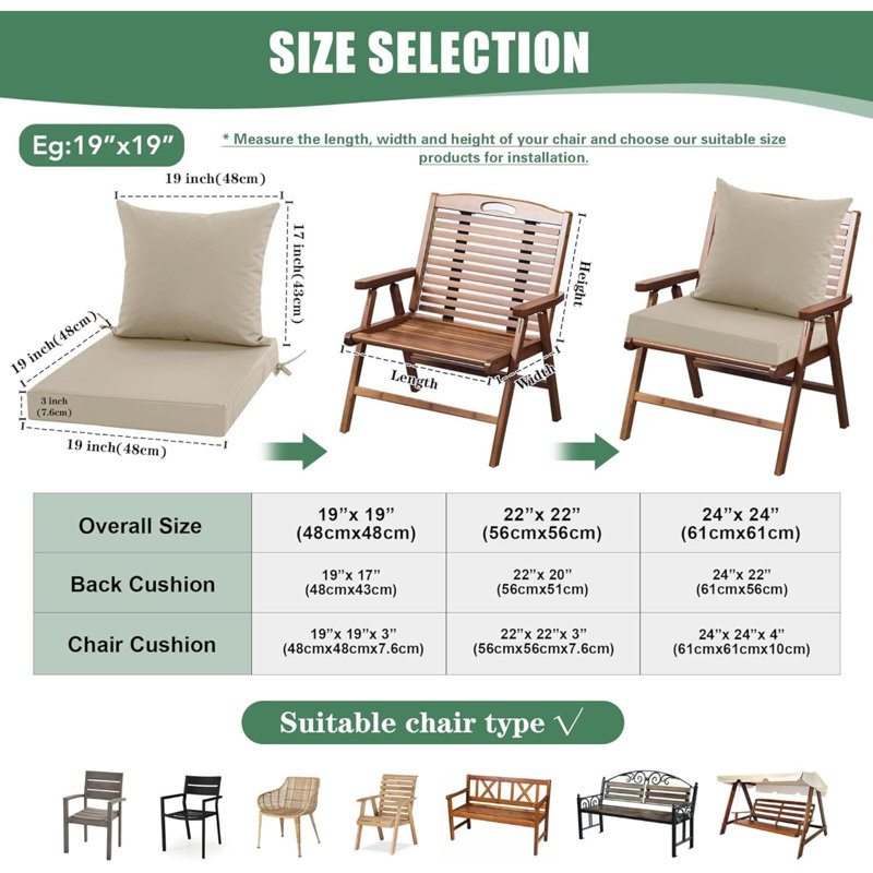 Outdoor Chair Cushions Set Of 4, Waterproof Backrest And Deep Seat Cushion Set For Patio Furniture, Outdoor Sofa Replacement Cushions With Removable Cover