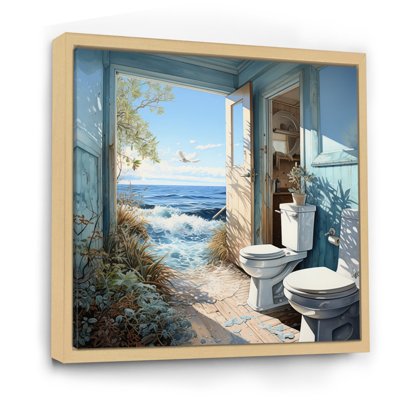 «Oceanic Escape Toilette Pointillism» - Imprimé, H 36 po x l 36 po x P 1,5 po, Cadre naturel flottant