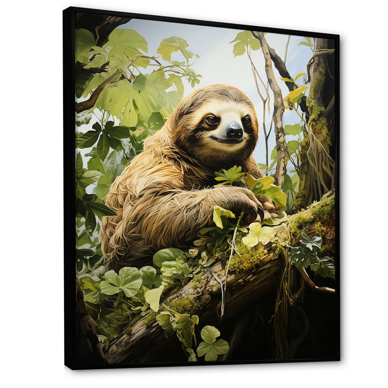 Karakoumi Sloth Slumbering Pastoral, reproduction d'art sur toile, H 20 po x l 12 po x P 1 po, Cadre flottant noir