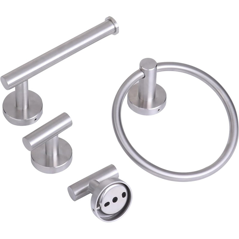Stainless Steel Bathroom Hardware Set - Includes Towel Ring, Toilet Paper Holder, And 2 Robe Hooks - Durable 304 Stainless Steel With Modern Design