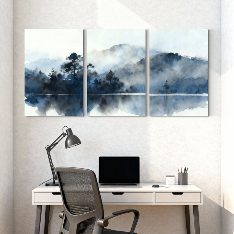 Hiver, forêt, montagne, brume, réflexion, aquarelle, ensemble de 3 reproductions d'art sur toile, H 30 po x l 60 po