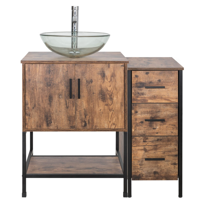 Ensemble de meuble-lavabo simple 36 po avec plateau en verre Conrado, Brun, Brun