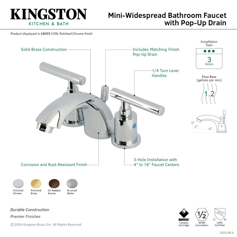 Kingston Brass Manhattan Two-Handle 3-Hole Deck Mount Mini-Widespread Bathroom Faucet with Pop-Up Drain, Polished Chrome