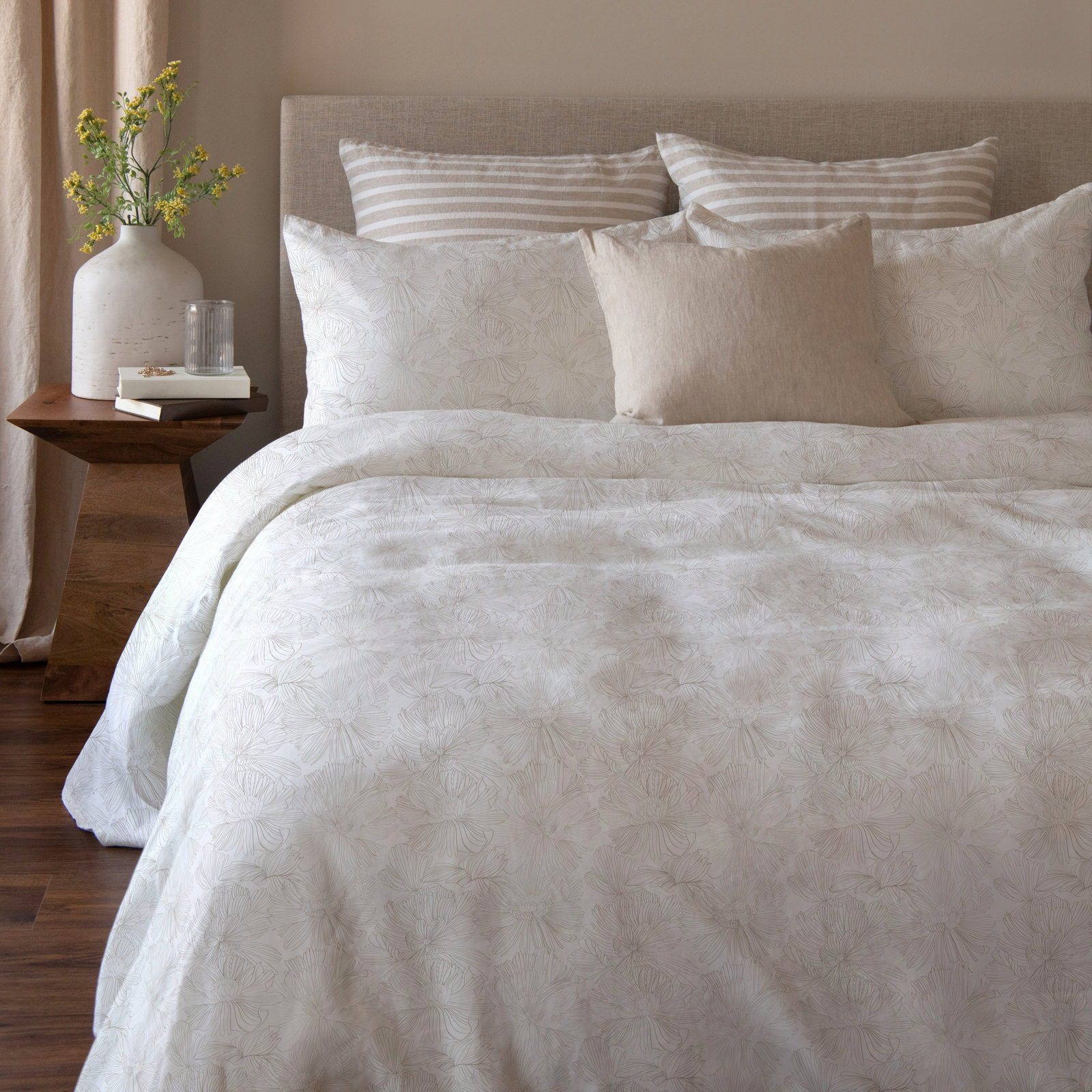 100% French Linen Duvet Cover, King Duvet Cover, Cream/Putty Floral