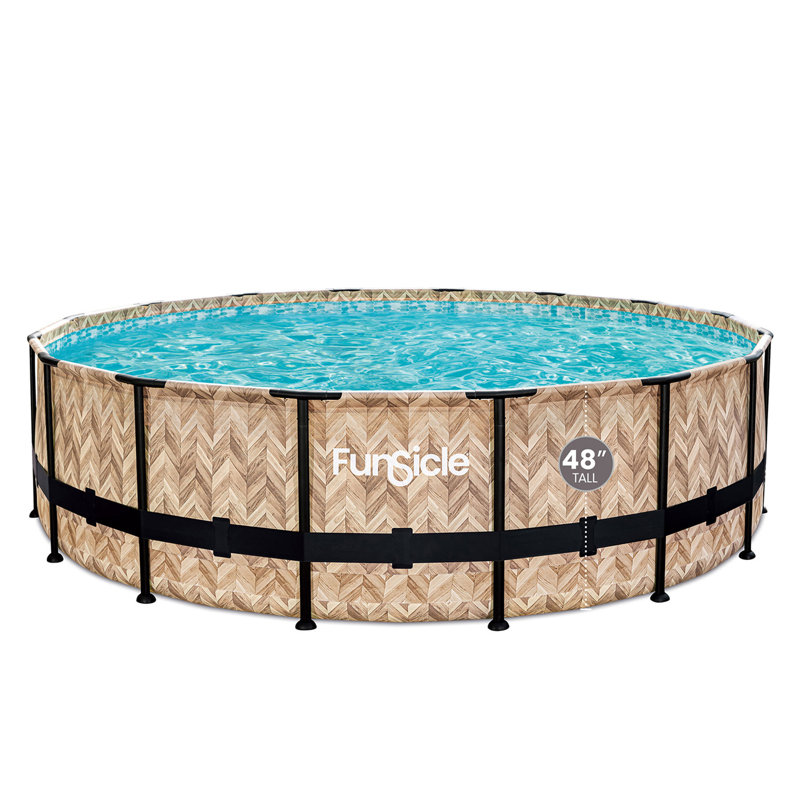 Funsicle 16' x 48" Oasis Designer Round Frame Outdoor Swim Pool, Oak Herringbone