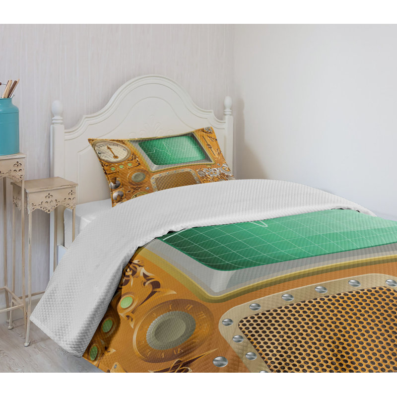 Twin Size Steampunk Machine Quilted Bedspread Set in Orange and Green
