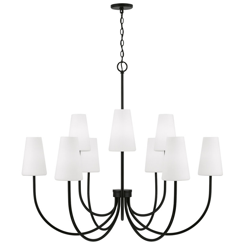 Lustre 9 lumières à deux niveaux en laiton vieilli l 46 po x H 32,25 po avec verre blanc doux effilé, Noir, noir, noir, noir