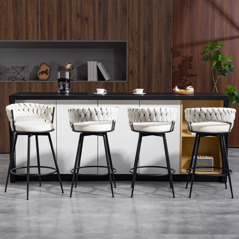 24" Counter Height Bar Stools Set of 4 - 360° Swivel with Suede Fabric & Modern Woven Design, Backrest & Footrest for Kitchen Cafe Pub