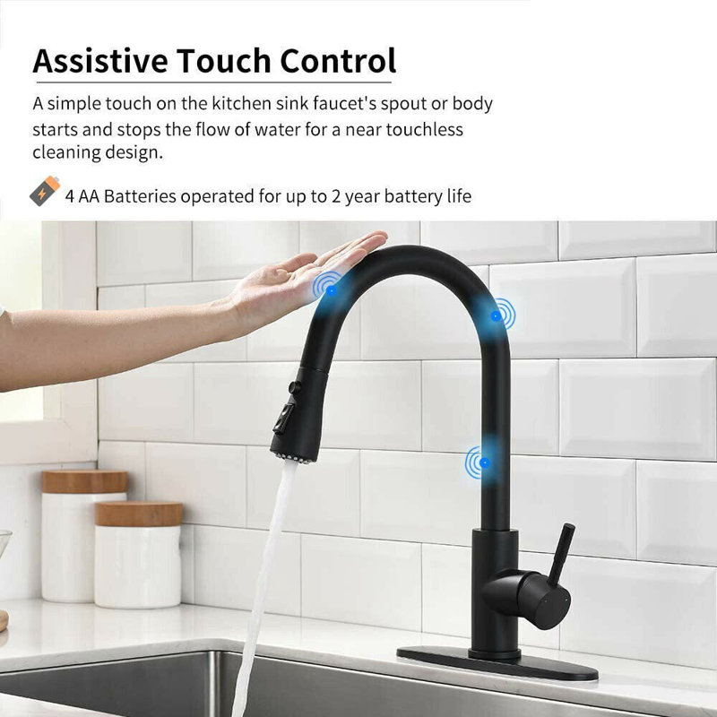 Robinet de cuisine rétractable à poignée simple avec accessoires, Noir mat
