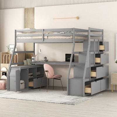 Lit mezzanine avec 7 tiroirs, 2 tablettes et un bureau