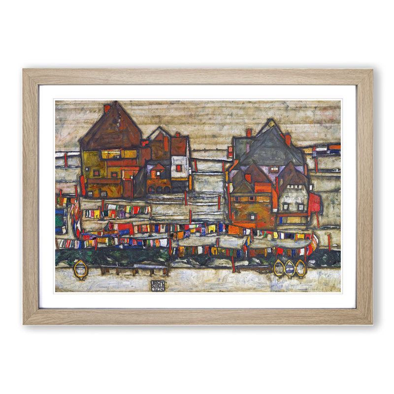 Houses with Laundry by Egon Schiele - Picture Frame Painting, 27cm H x 36cm W x 2cm D, Oak Framed