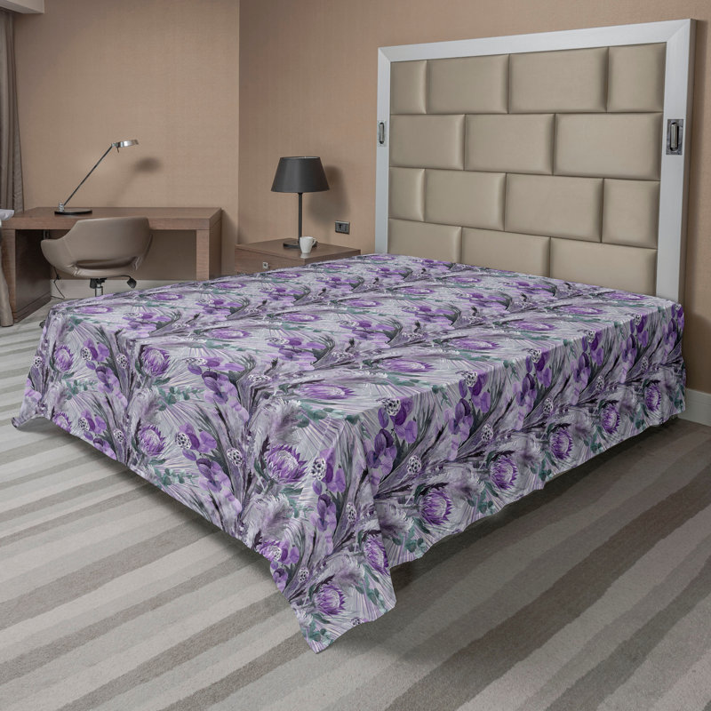Ambesonne Floral Flat Sheet Retro Meadow Bloom Leaves Violet Mauve and Grey Teal, King Flat Sheet