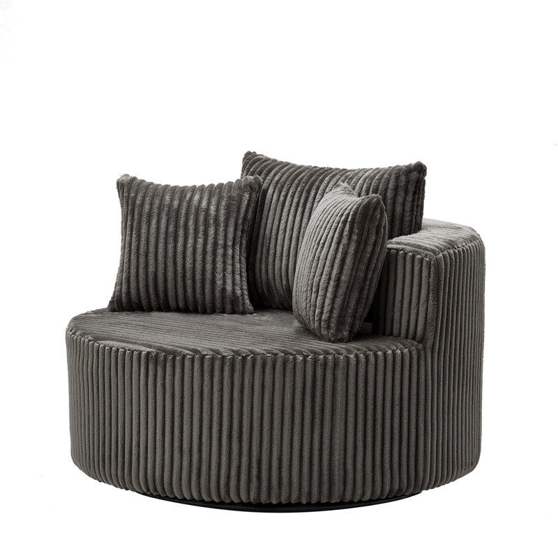 Oversized Round Swivel Accent Chair with Plush Upholstery & Matching Throw Pillows-Brown