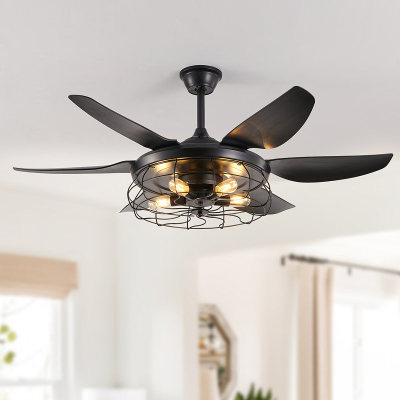 Ventilateur de plafond noir 52 po avec lumières et télécommande, 6 pales, conception de cage industrielle pour le salon et la chambre à coucher
