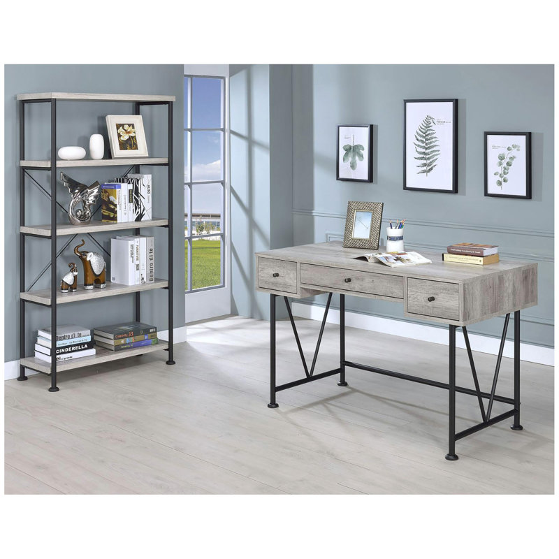 Bibliothèque grise en bois flotté à 4 tablettes, Gris délavé