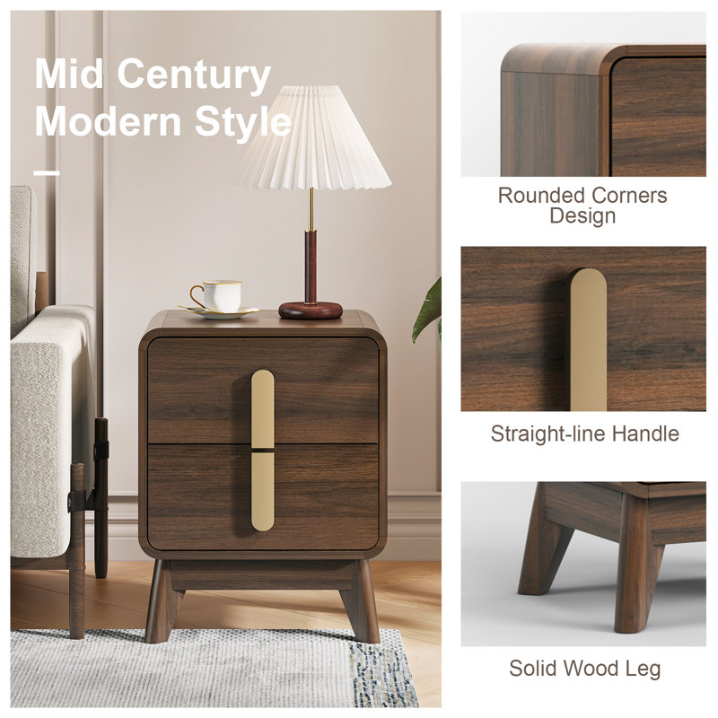Mid Century Modern Nightstands Set Of 2, Solid Wood Legs Bedside Tables With Drawers Storage, Bed Side Tables For Bedroom, Living Room, Small Space, Walnut