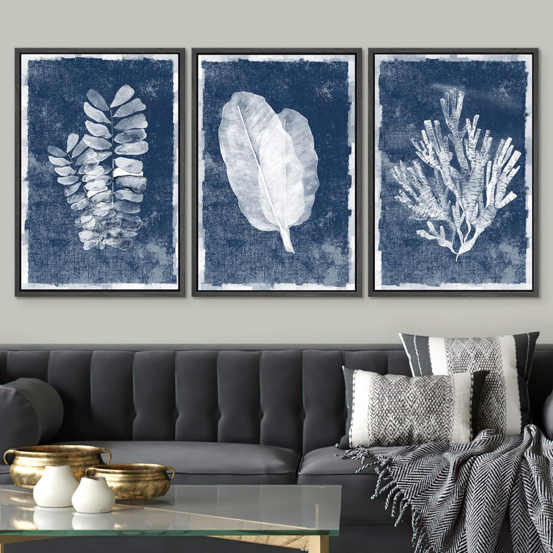 Minimal Botanical "Blue Jungle Leaves, Nautical Ocean Coral Pictures Canvas Print 3 Pieces Wall Art IDEA4WALL 