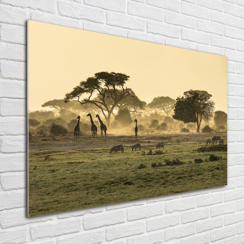 Giraffes In The Savannah - No Frame Print on Glass
