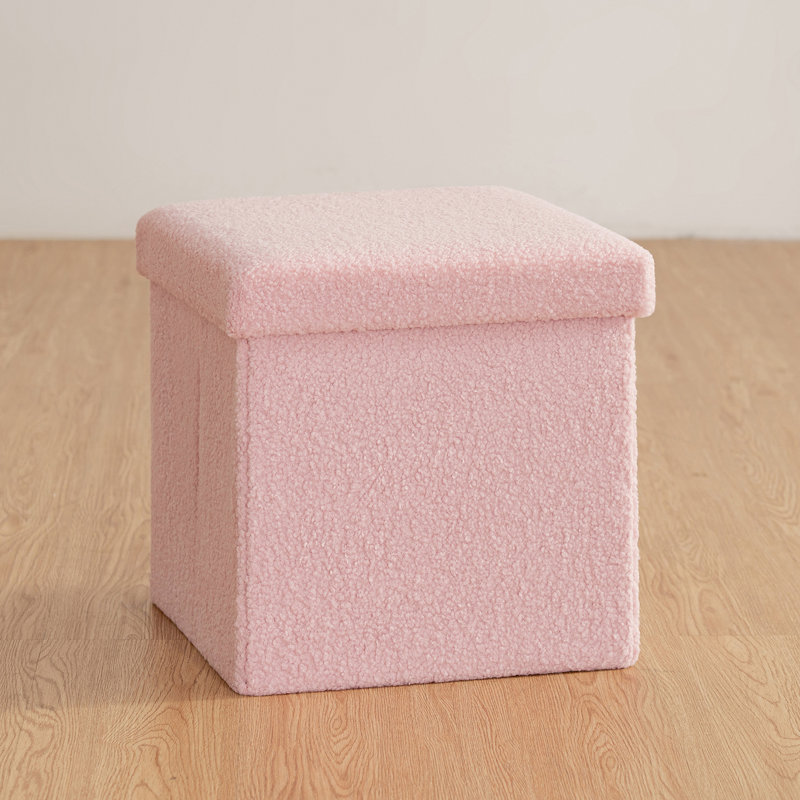 Folding Teddy Fleece Storage Ottoman With Storage, Pink, 15" H x 15" W x 15" D