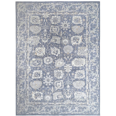 Hand Knotted Wool Area Rug in Blue; Gray
